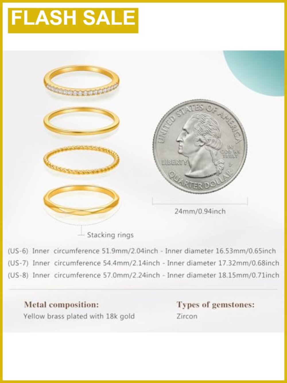 18K Gold Plated Stackable Rings Set with Cubic Zirconia - Picture 5 of 6